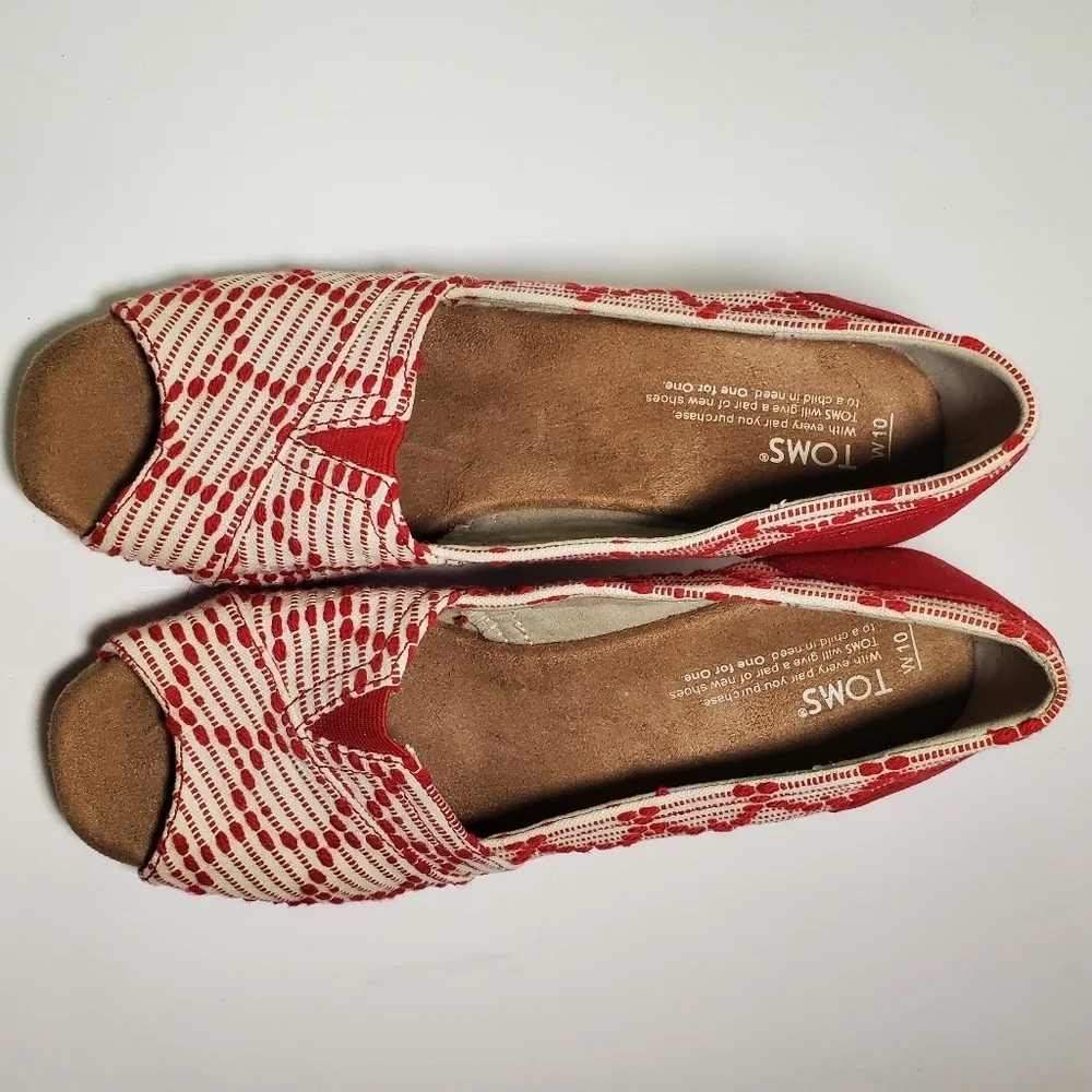 TOMS Scarlett Red Cream Cheron Woven Peep Toe Cork Wedge Size 10 EUC